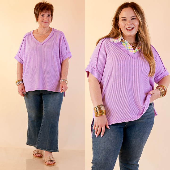 Models are wearing Daily Perfection Short Sleeve V-Neck Ribbed top in Lavender Purple with Jeans. 