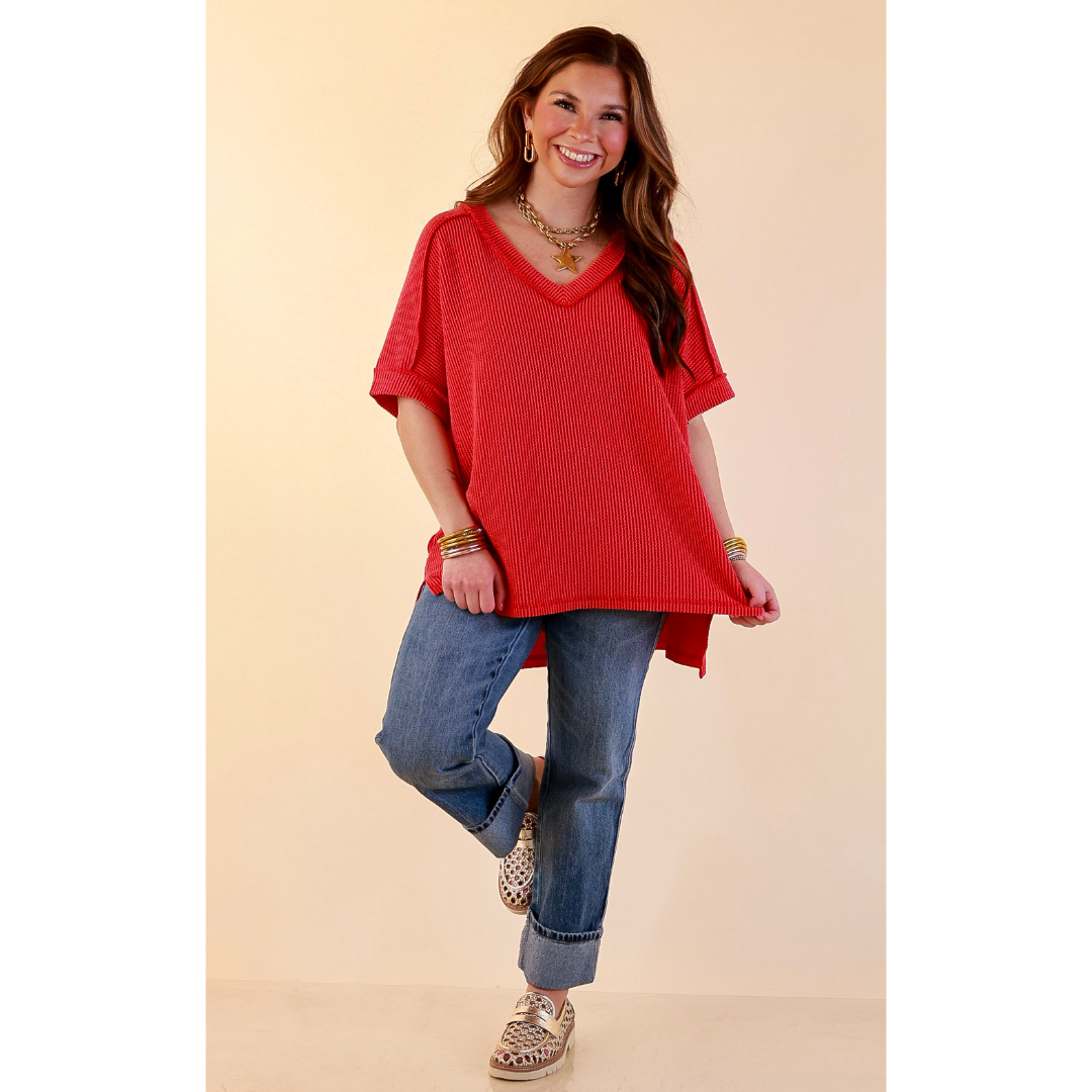 Daily Perfection V Neck Short Sleeve Ribbed Top in Red
