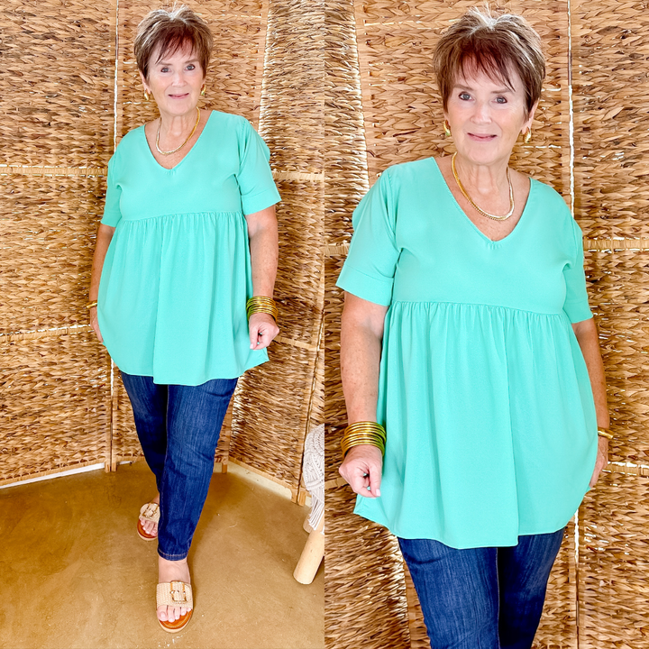 Daily Delight Short Sleeve V Neck Babydoll Top in Mint Blue
