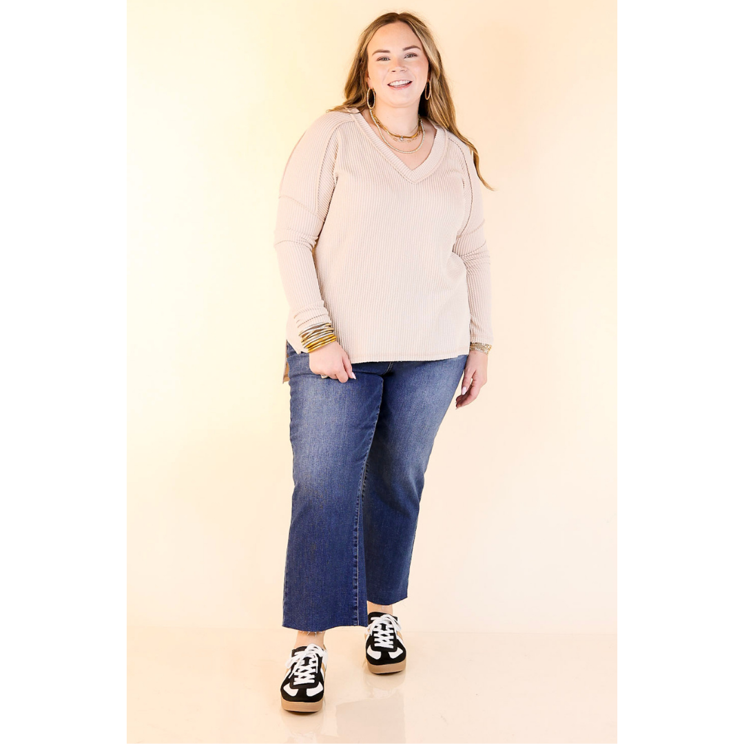 Daily Perfection V-Neck Long Sleeve Ribbed Top in Beige