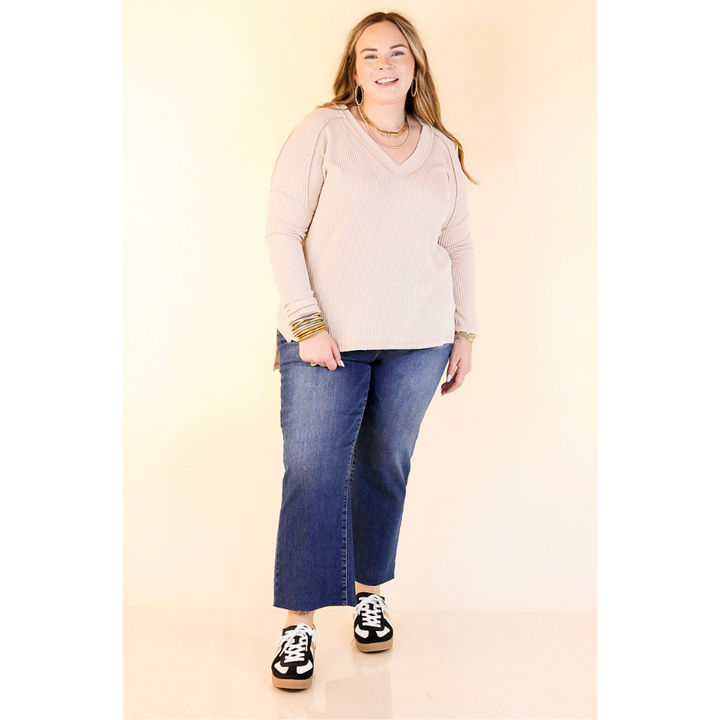 Daily Perfection V-Neck Long Sleeve Ribbed Top in Beige