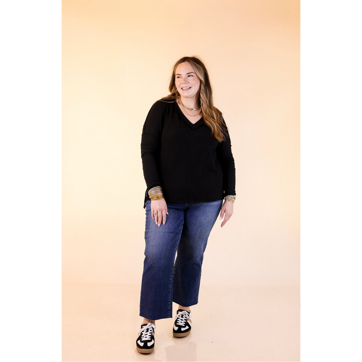 Daily Perfection V-Neck Long Sleeve Ribbed Top in Black