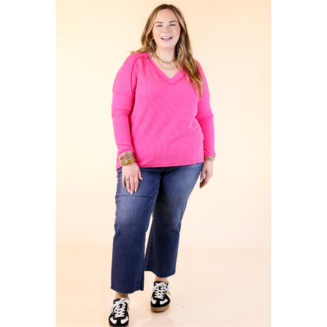 Daily Perfection V-Neck Long Sleeve Ribbed Top in Hot Pink