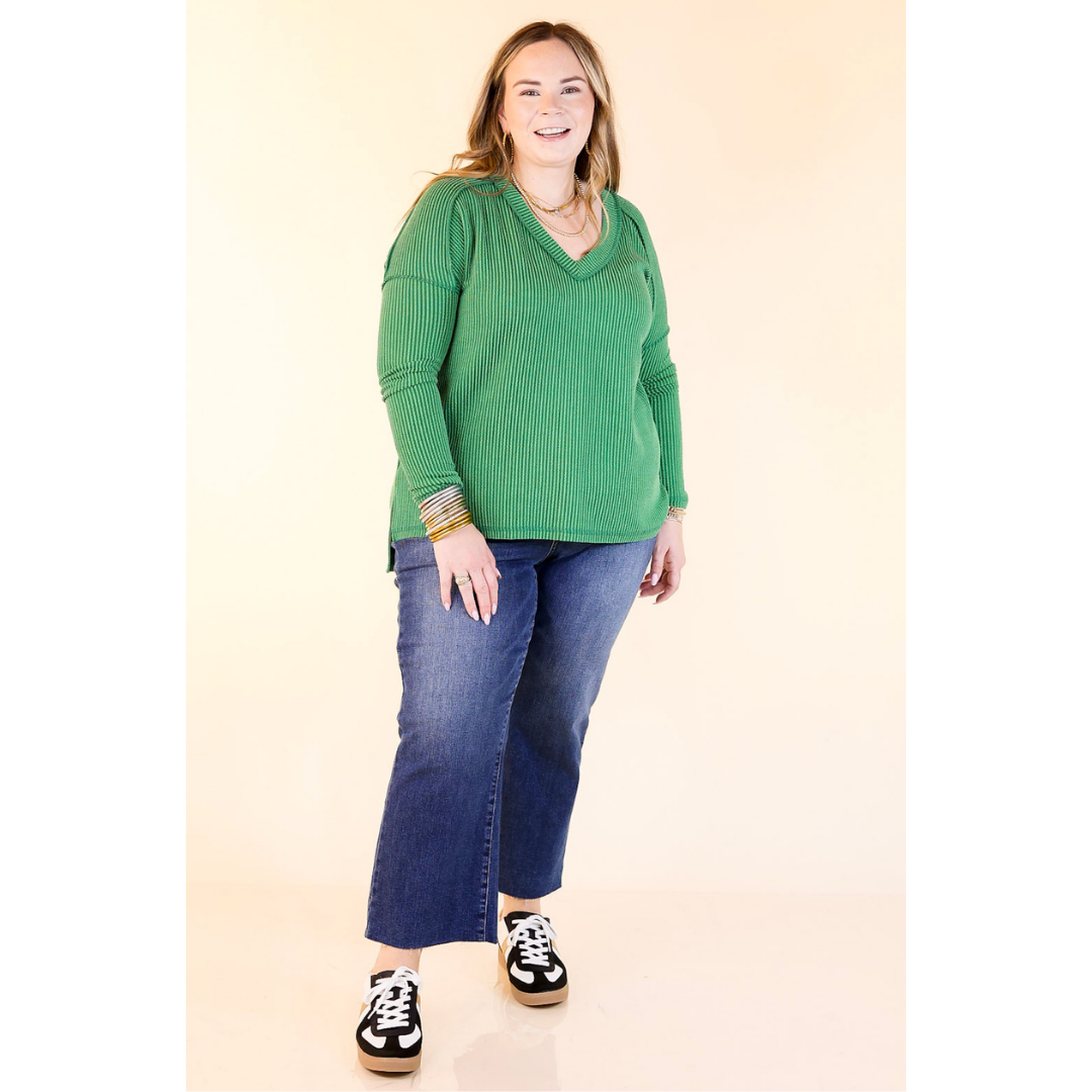 Daily Perfection V-Neck Long Sleeve Ribbed Top in Kelly Green