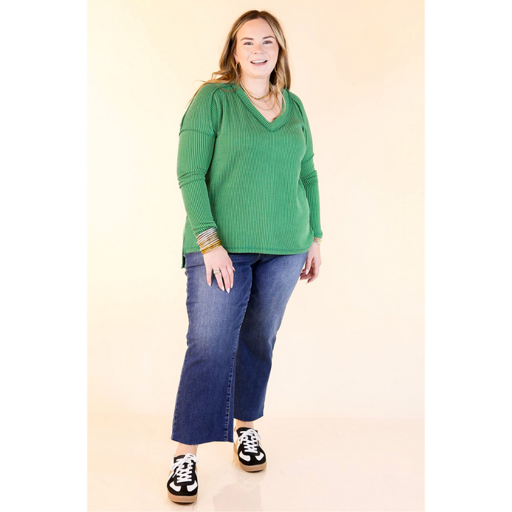 Daily Perfection V-Neck Long Sleeve Ribbed Top in Kelly Green