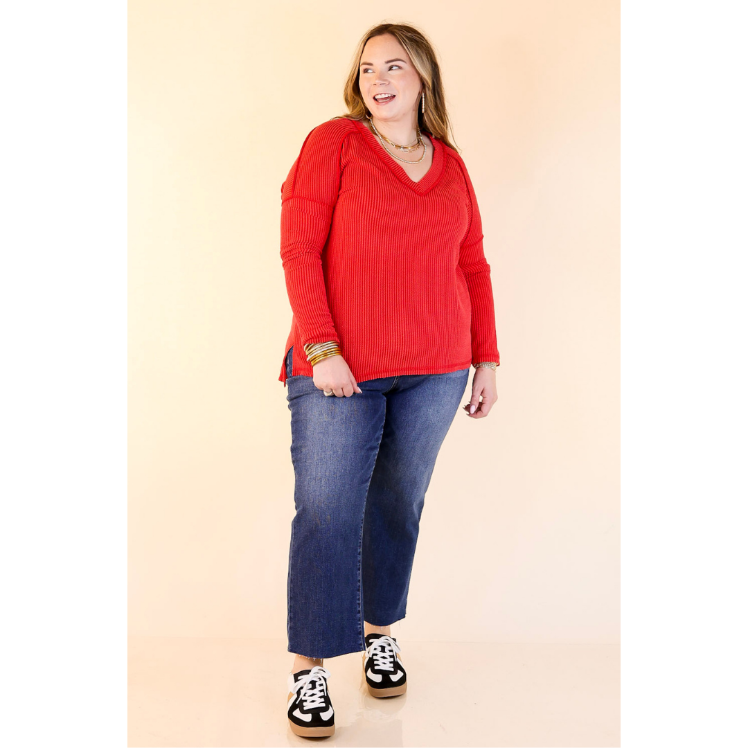 Daily Perfection V-Neck Long Sleeve Ribbed Top in Ruby Red