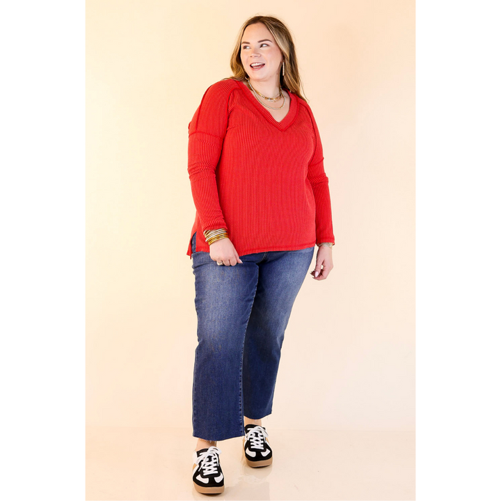 Daily Perfection V-Neck Long Sleeve Ribbed Top in Ruby Red