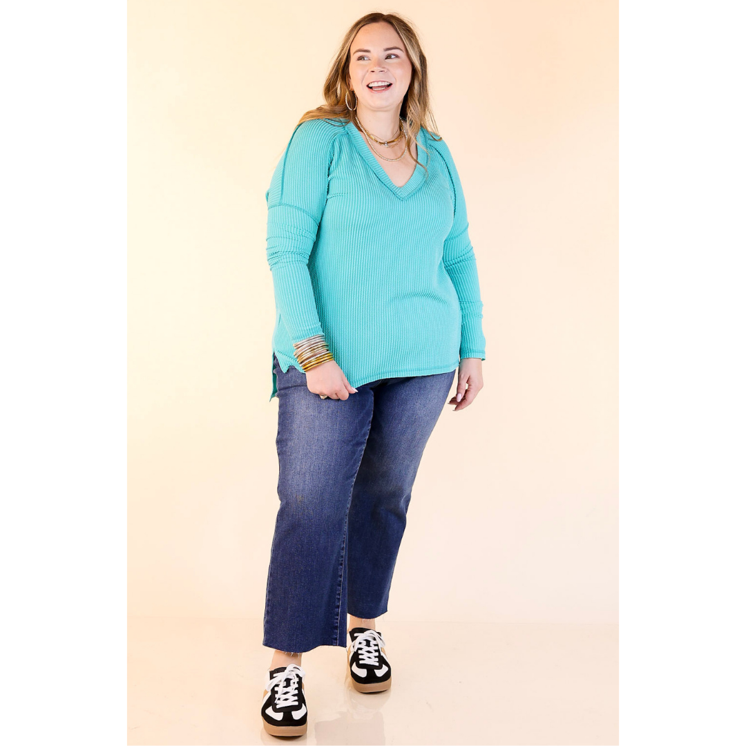 Daily Perfection V-Neck Long Sleeve Ribbed Top in Turquoise Blue