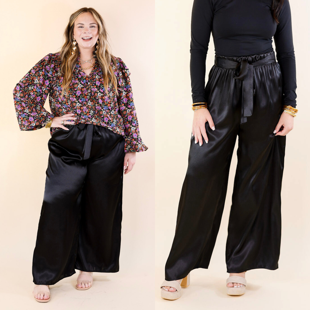 Dare To Dazzle Wide Leg Satin Pants with Waist Tie in Black