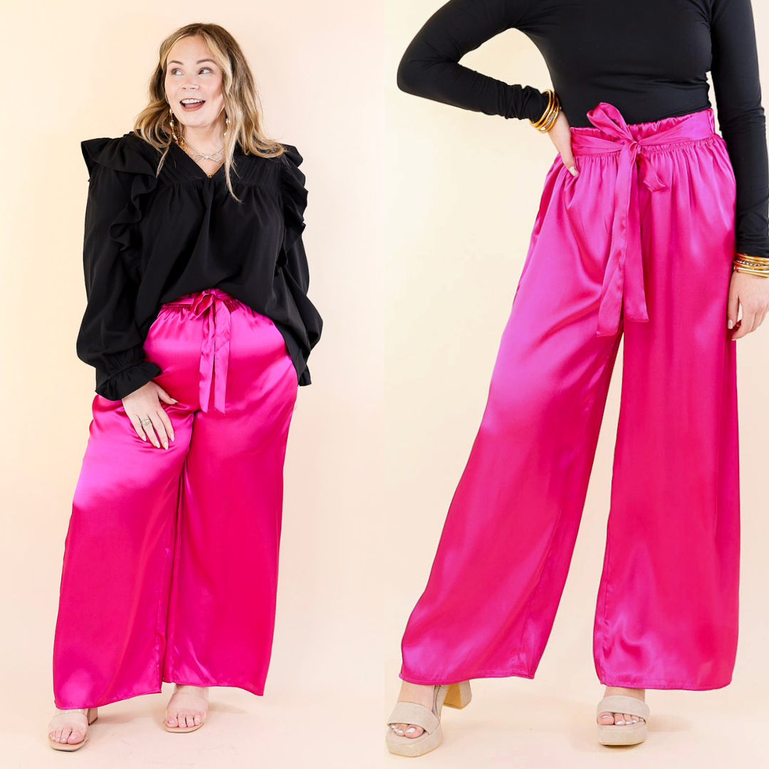 Dare To Dazzle Wide Leg Satin Pants with Waist Tie in Fuchsia Pink