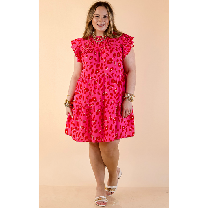 Daring and Delightful Leopard Print Dress with Ruffle Cap Sleeves in Pink and Red