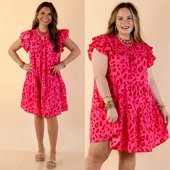 Daring and Delightful Leopard Print Dress with Ruffle Cap Sleeves in Pink and Red