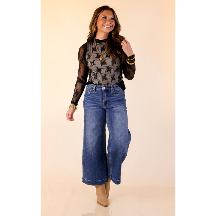 Daringly Delicate Sheer Mock Neck Long Sleeve Lace Top in Black