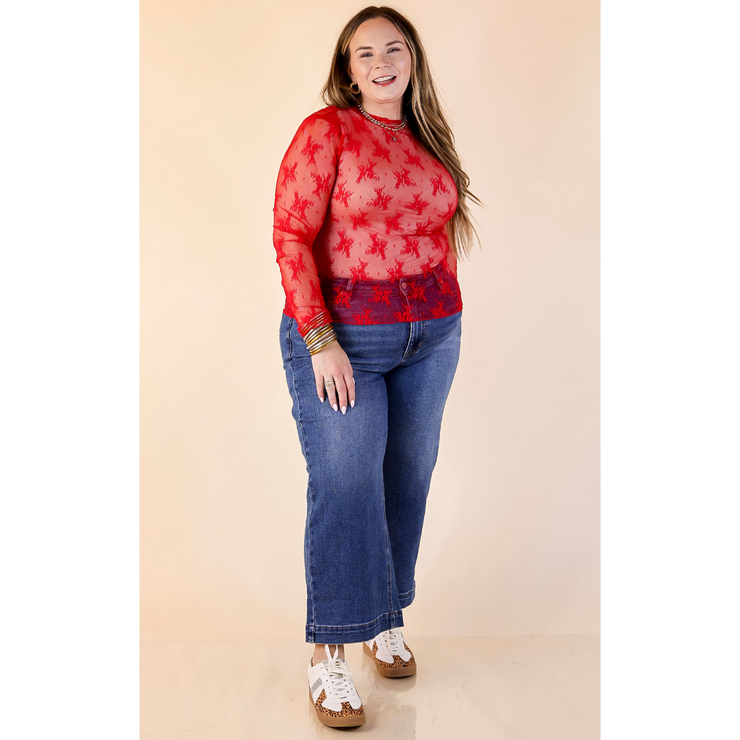Daringly Delicate Sheer Mock Neck Long Sleeve Lace Top in Red