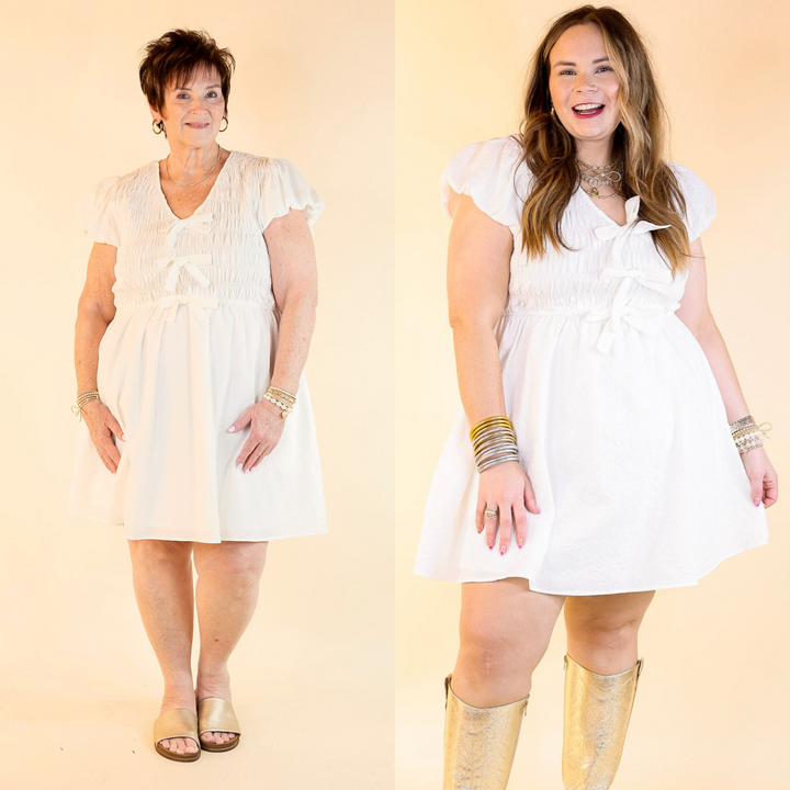 Last Chance Size Small | Darling Charm Cap Sleeve Dress with Bows in Off White