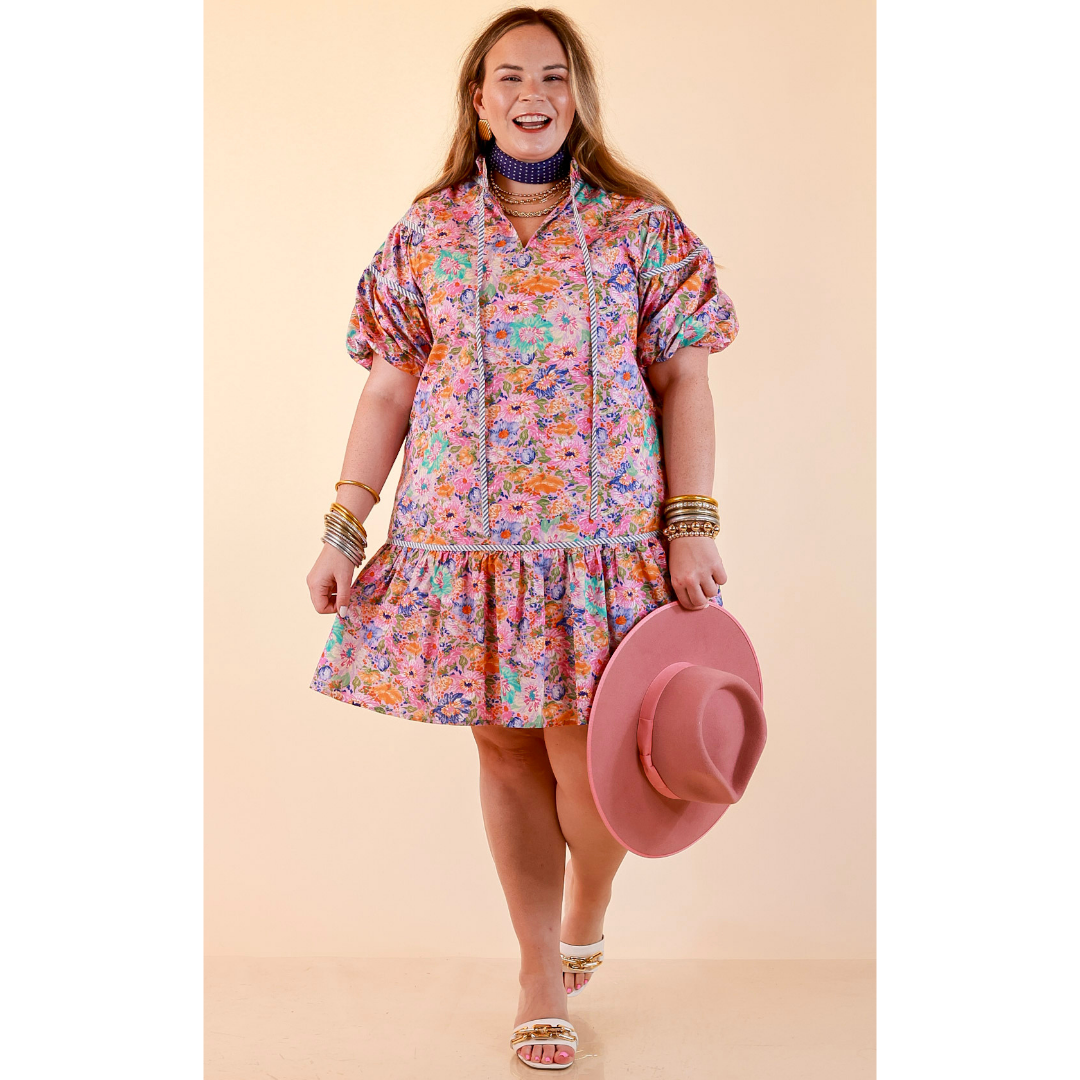 Darling Detail Floral Print Drop Waist Mini Dress with Contrast Trim in Pink Multi