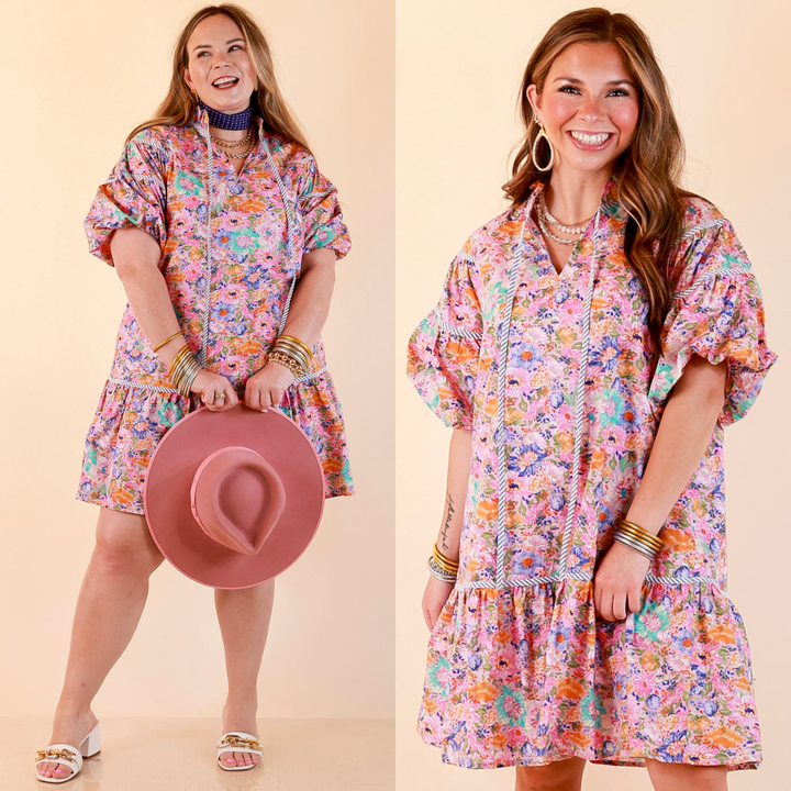 Darling Detail Floral Print Drop Waist Mini Dress with Contrast Trim in Pink Multi