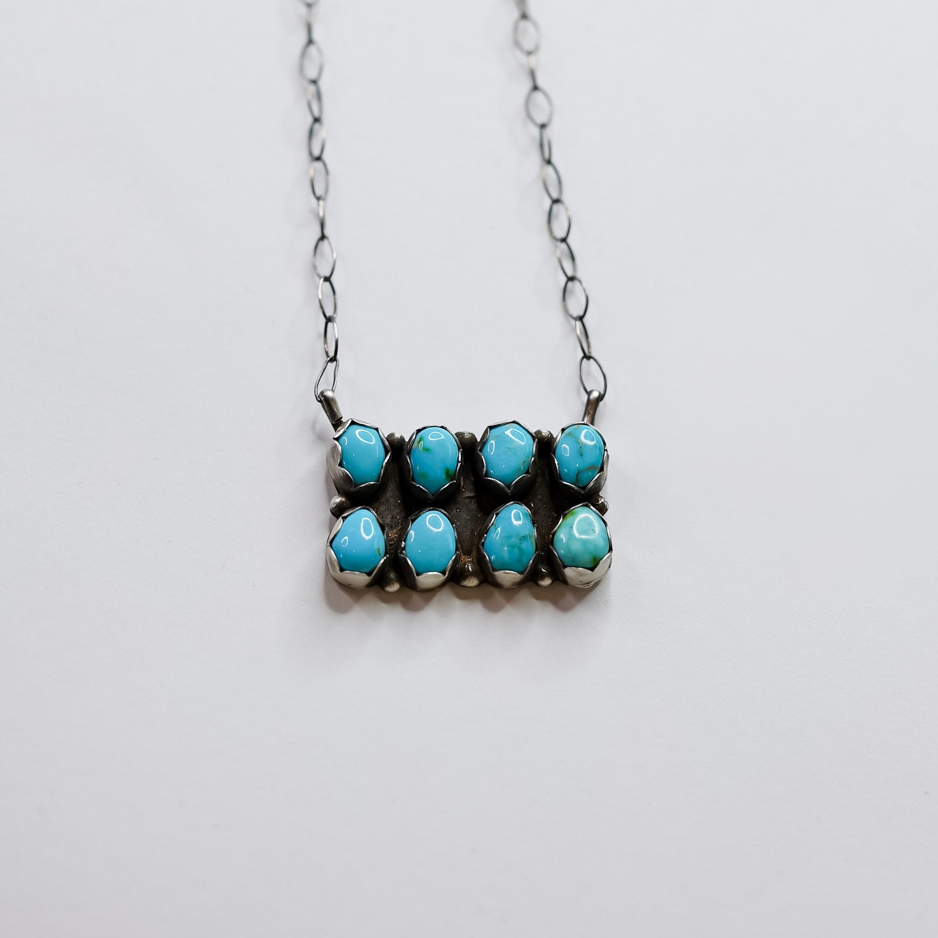 Dave Skeets | Navajo Handmade Sterling Silver Paperclip Chain Necklace with Stone Rectangle Pendant in Turquoise