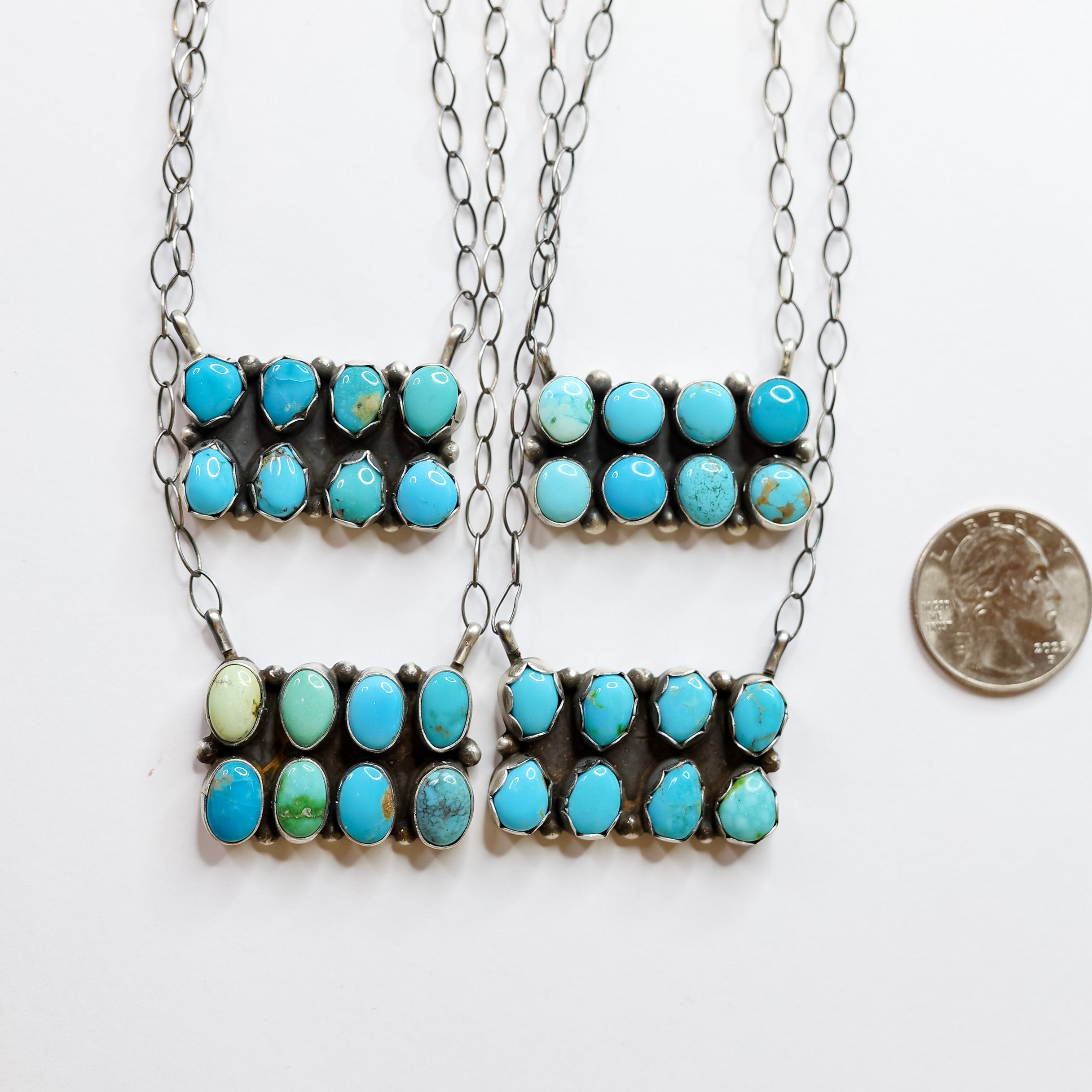 Dave Skeets | Navajo Handmade Sterling Silver Paperclip Chain Necklace with Stone Rectangle Pendant in Turquoise