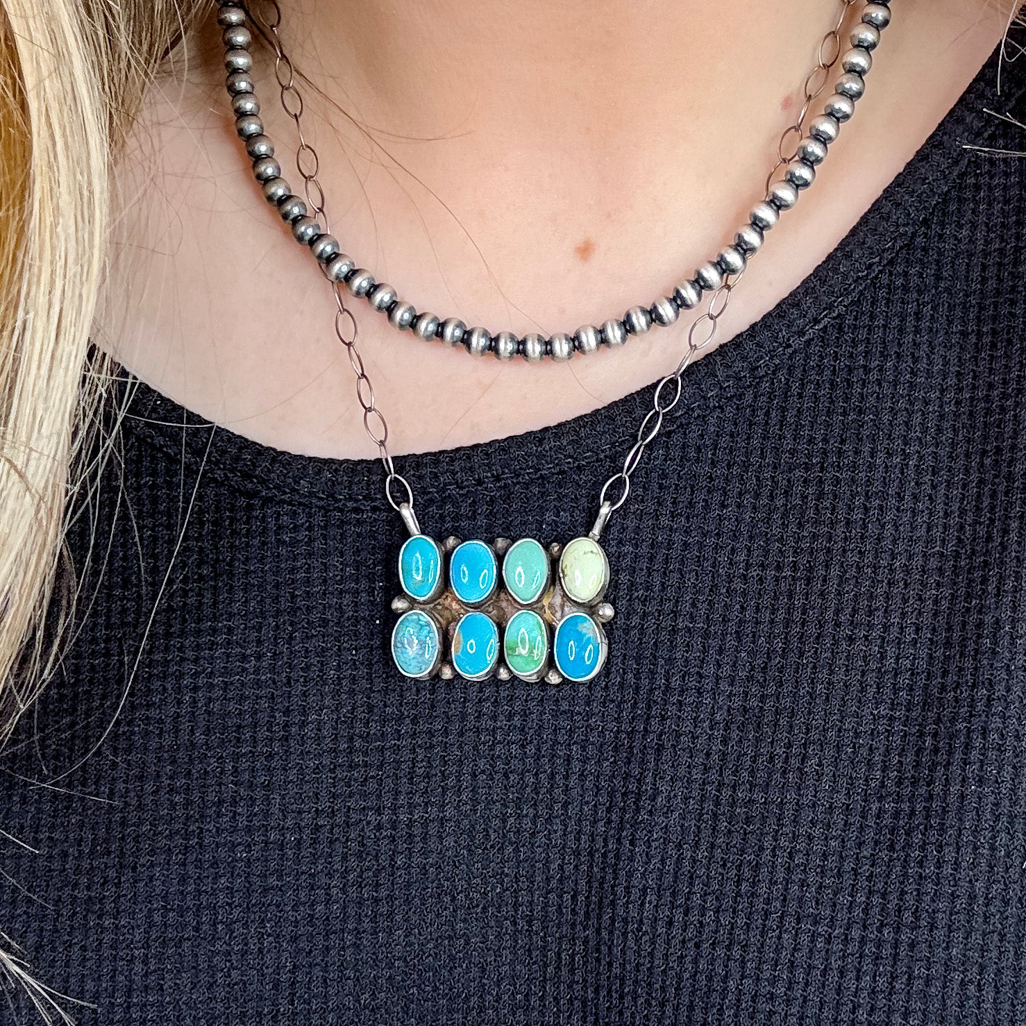 Dave Skeets | Navajo Handmade Sterling Silver Paperclip Chain Necklace with Stone Rectangle Pendant in Turquoise