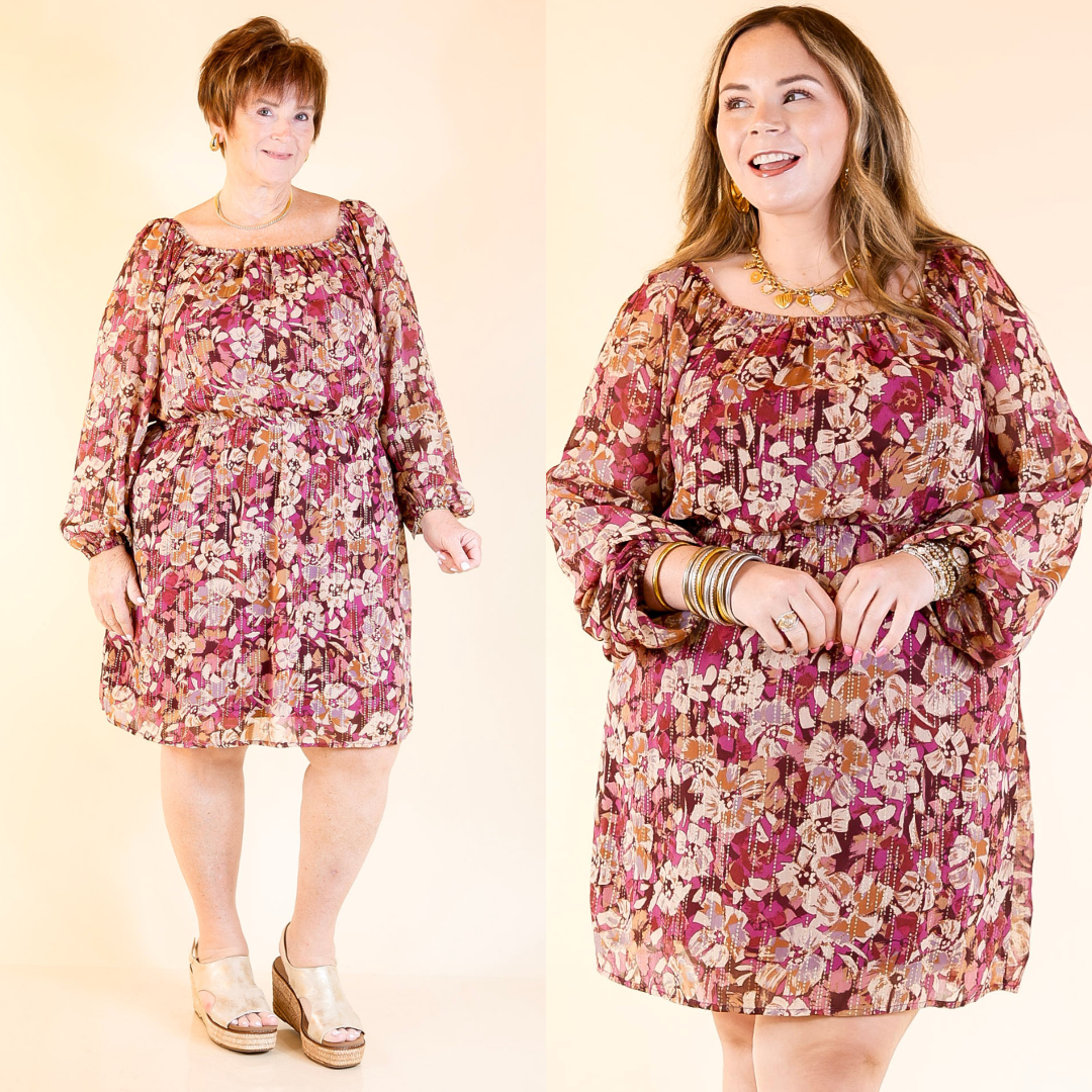 Two women wearing a magenta floral dress on a beige background.