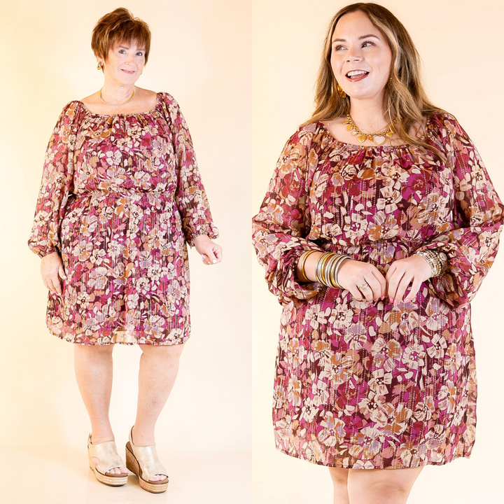 Two women wearing a magenta floral dress on a beige background.