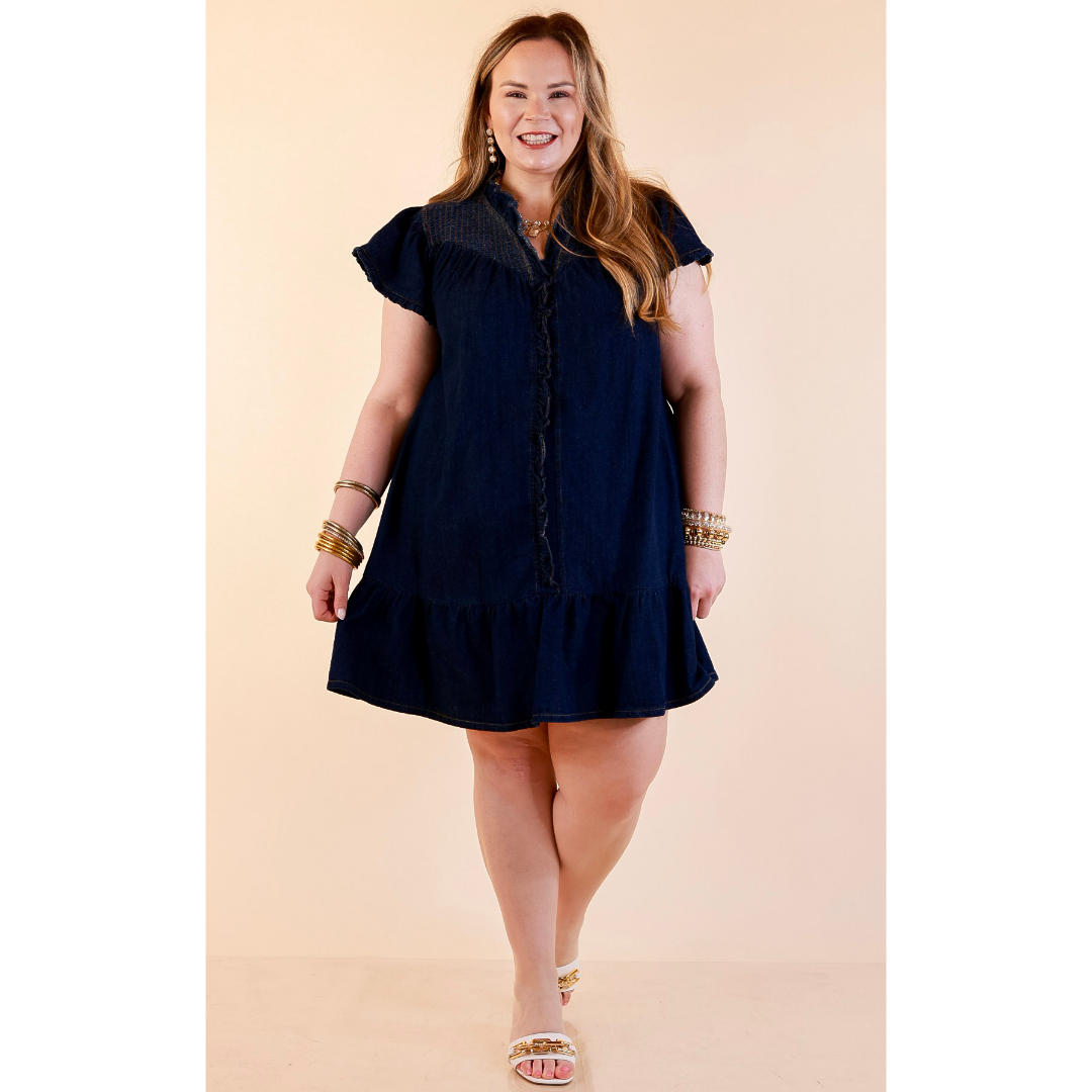 Day to Day Denim Smocked Yoke Dress with Ruffle Front and Flutter Sleeves in Dark Wash