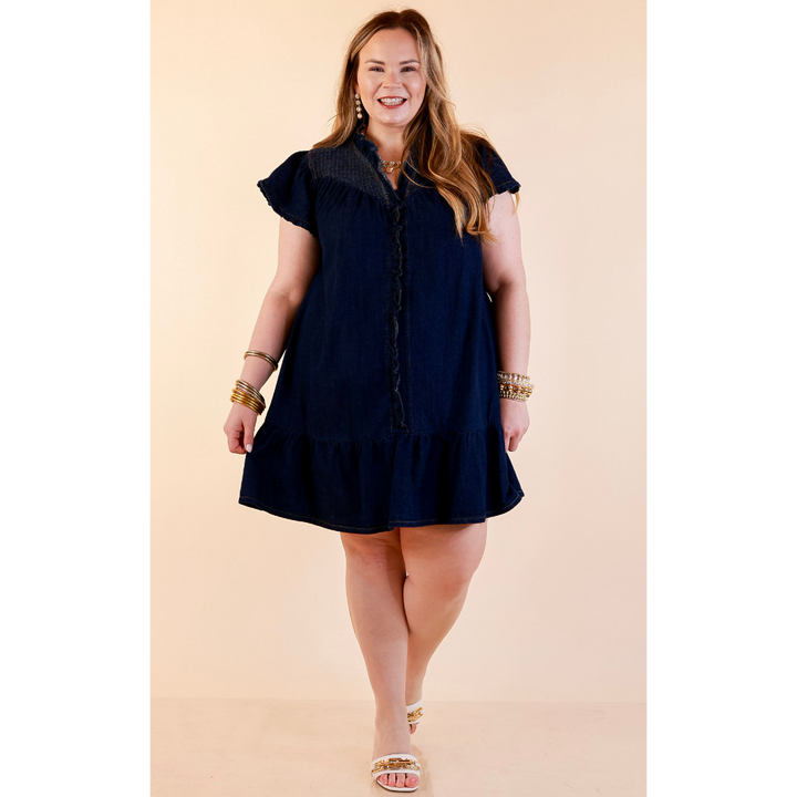 Day to Day Denim Smocked Yoke Dress with Ruffle Front and Flutter Sleeves in Dark Wash