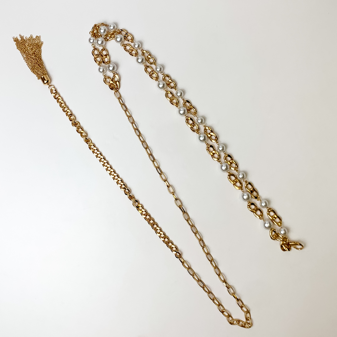 This Dazzling Pearl Gold Tone Belt with fringe is pictured on a white background.