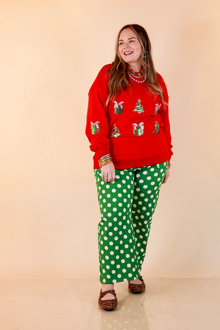 Deck the Halls Sequin Christmas Tree Sweatshirt in Red