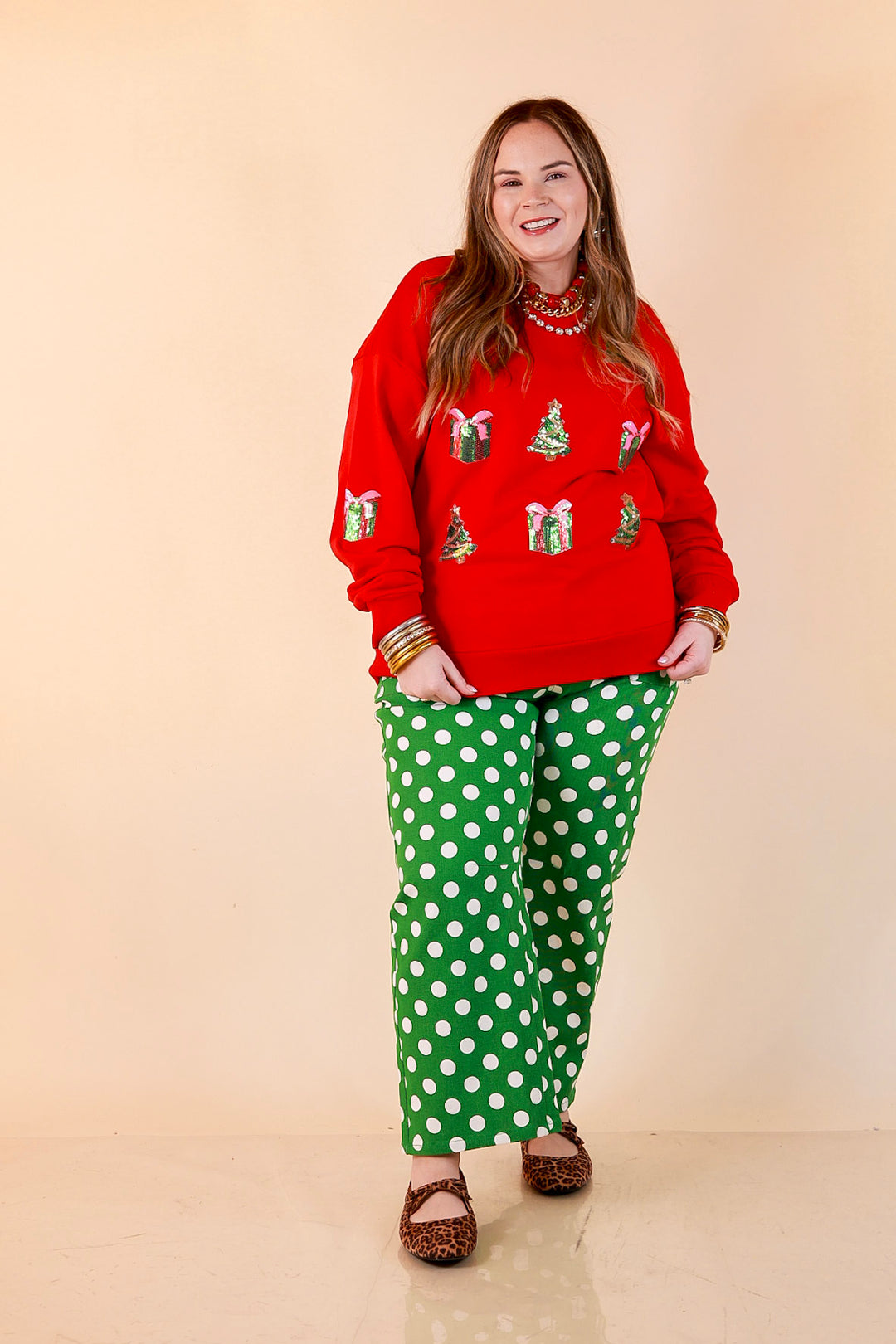 Deck the Halls Sequin Christmas Tree Sweatshirt in Red