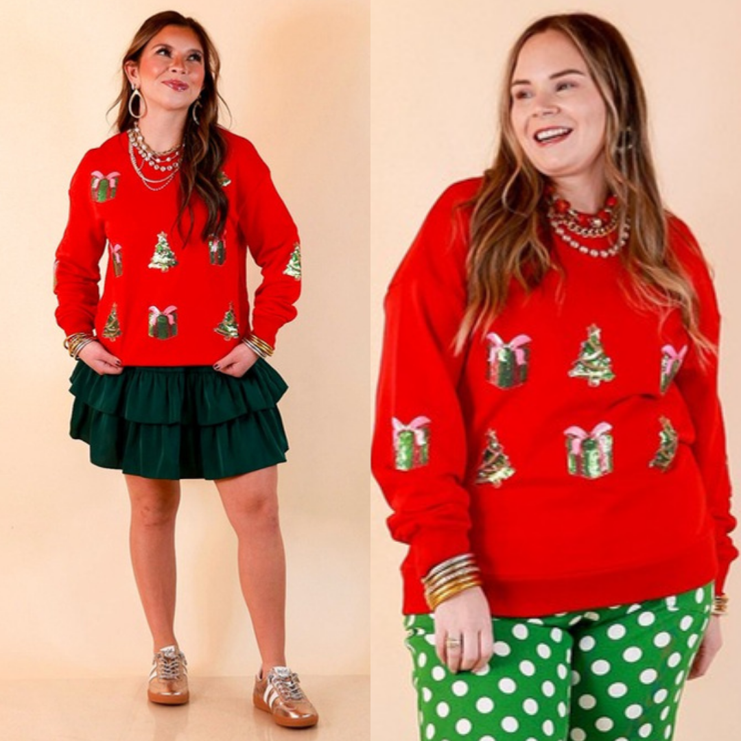 Deck the Halls sequin Christmas tree and present sweatshirt in red