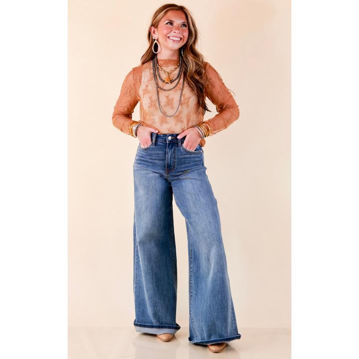 Delicate Charm Long Sleeve Sheer Lace Top with Mock Neck in Camel Brown