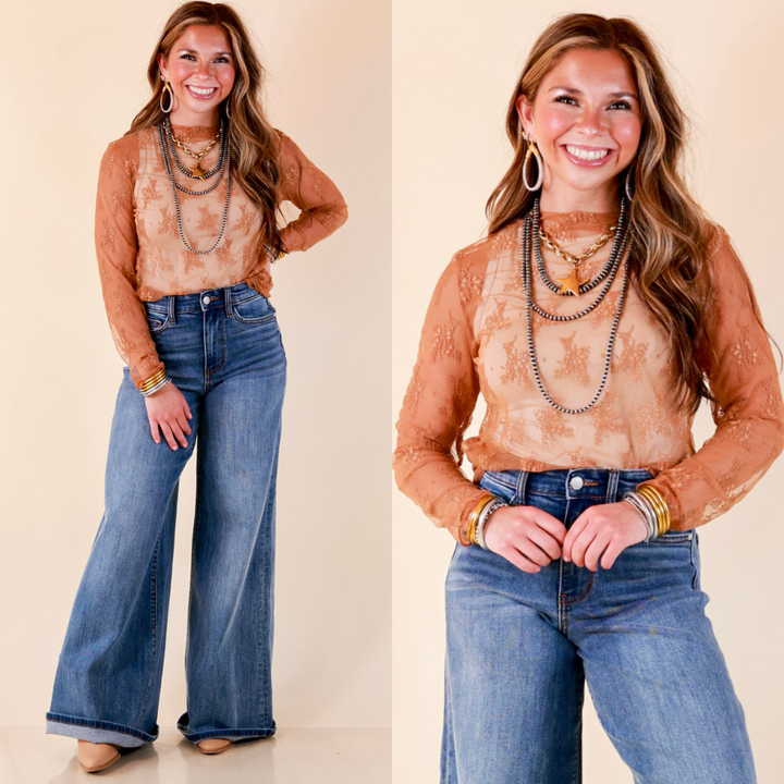 Delicate Charm Long Sleeve Sheer Lace Top with Mock Neck in Camel Brown