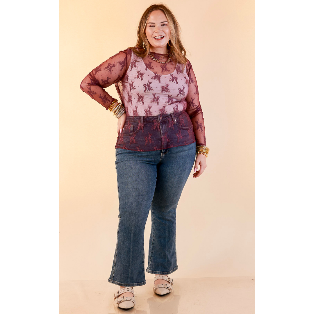 Delicate Charm Long Sleeve Sheer Lace Top with Mock Neck in Dark Purple