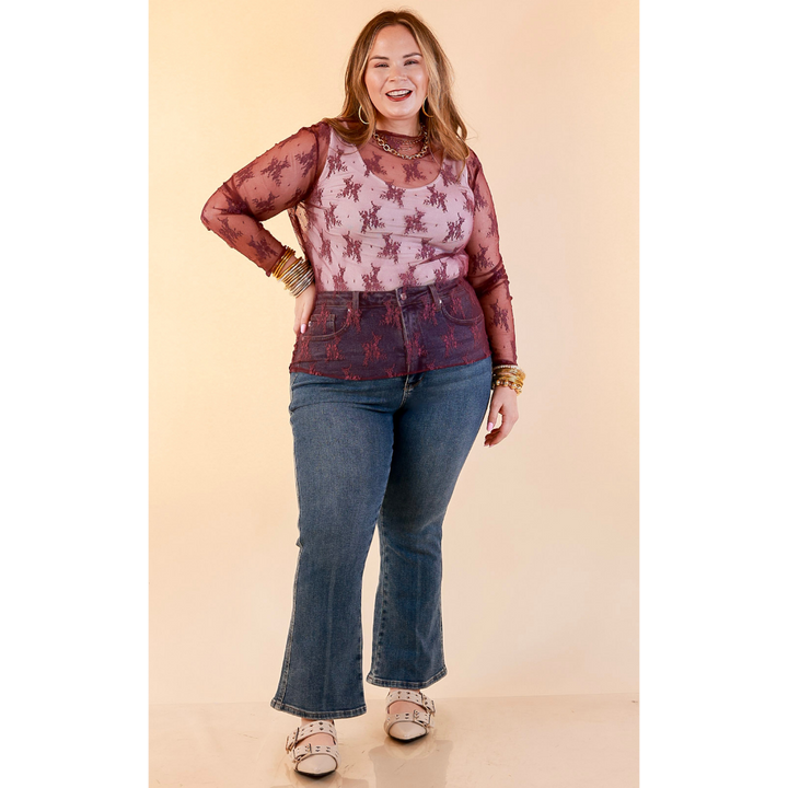 Delicate Charm Long Sleeve Sheer Lace Top with Mock Neck in Dark Purple
