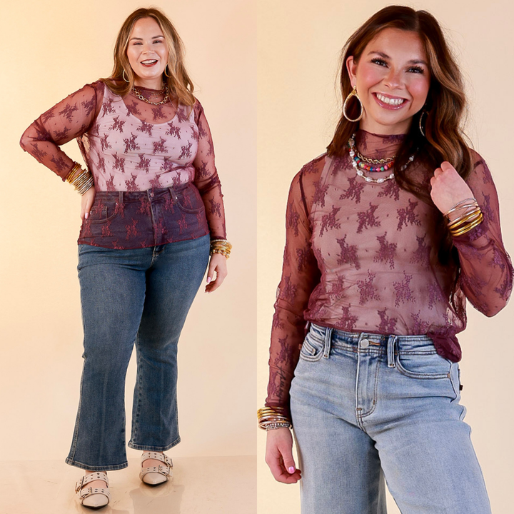 Models are wearing Long Sleeve Sheer Lace Top with Mock Neck in Dark Purple with Jeans against a beige backdrop.