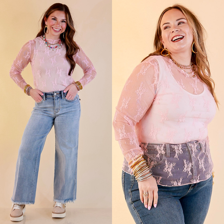 Models are wearing Long Sleeve Sheer Lace Top with Mock Neck in Pale Pink with Jeans against a beige backdrop.