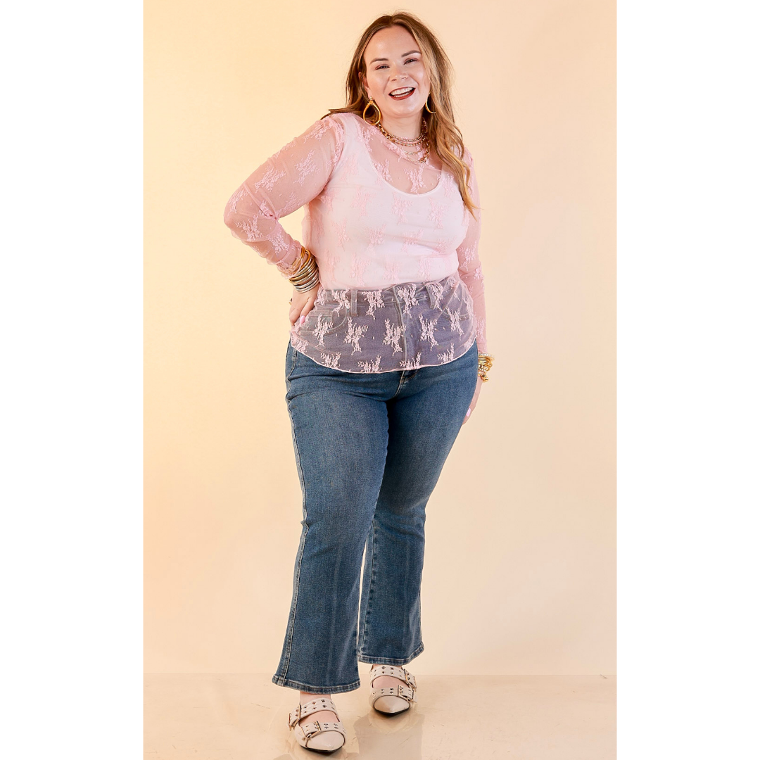 Delicate Charm Long Sleeve Sheer Lace Top with Mock Neck in Pale Pink