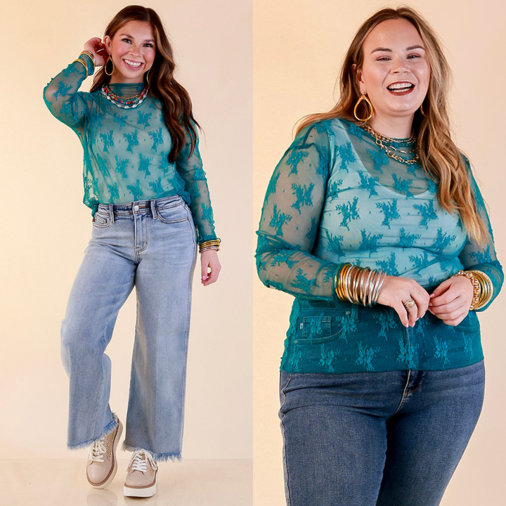 Models are wearing Long Sleeve Sheer Lace Top with Mock Neck in Turquoise Blue with Jeans against a beige backdrop.