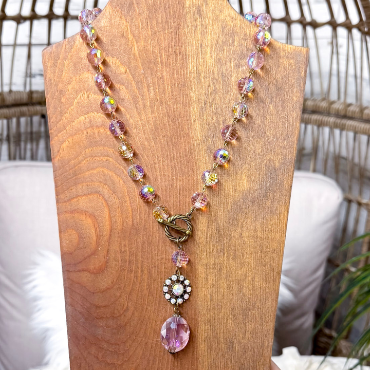 Delicate Delight Hard Wire Beaded Necklace with Faceted Pink Crystal Chain and Ornate Drop Pendant in Blush Pink
