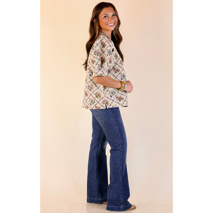 Delicate Details Puff Sleeve Floral Print Top in Cream