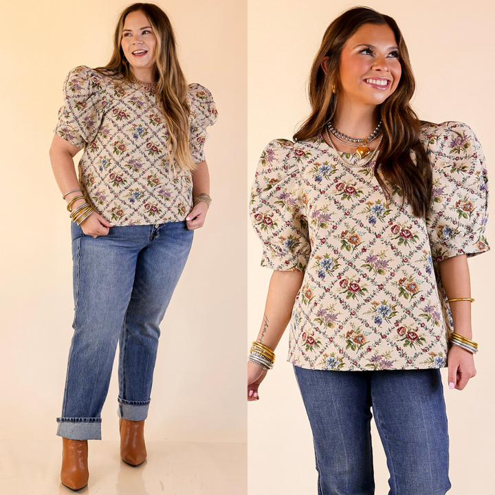 Two images of a woman wearing a floral top and jeans on a beige background