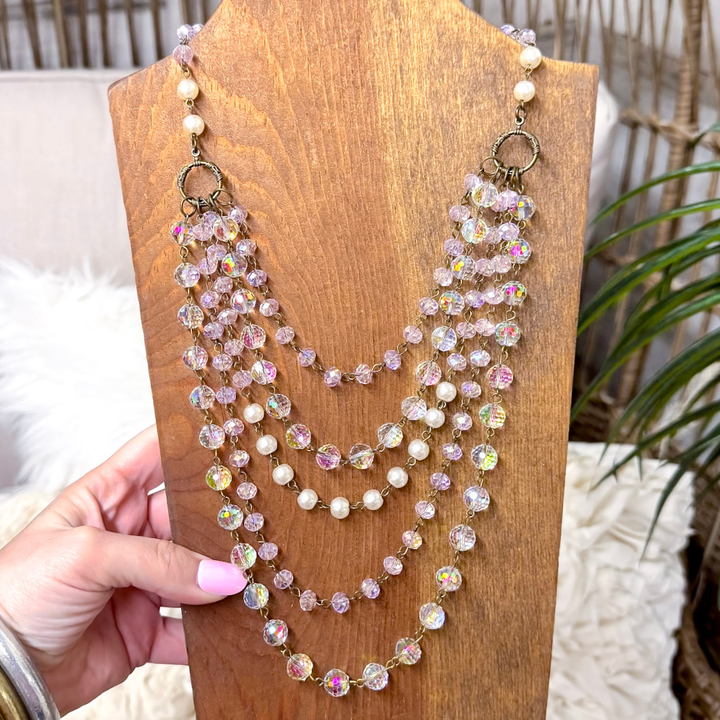 Delicate Drama Five Strand Beaded Statement Necklace with Iridescent Crystal and Pearl Accents in Blush Pink