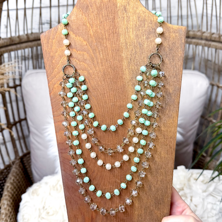 Delicate Drama Five Strand Beaded Statement Necklace with Iridescent Crystal and Pearl Accents in Turquoise Blue