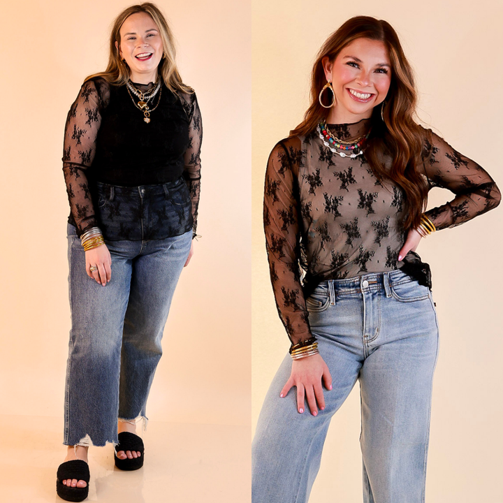 Delicate Charm Long Sleeve Sheer Lace Top with Mock Neck in Black