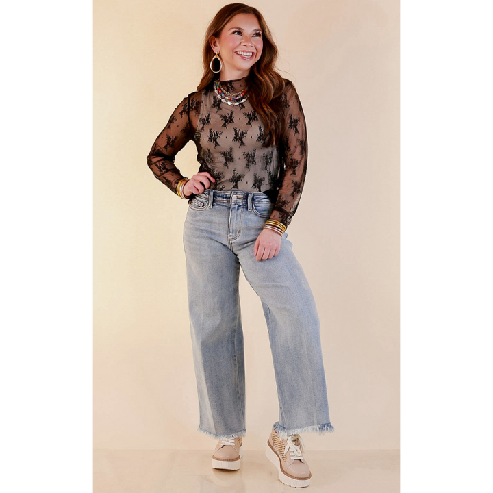 Delicate Charm Long Sleeve Sheer Lace Top with Mock Neck in Black