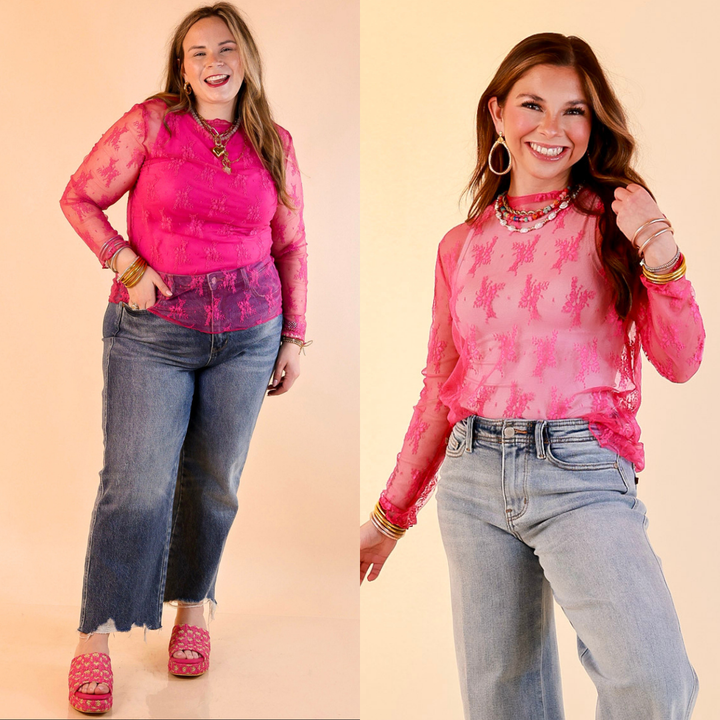 Delicate Charm Long Sleeve Sheer Lace Top with Mock Neck in Hot Pink