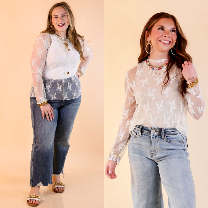 Delicate Charm Long Sleeve Sheer Lace Top with Mock Neck in Ivory