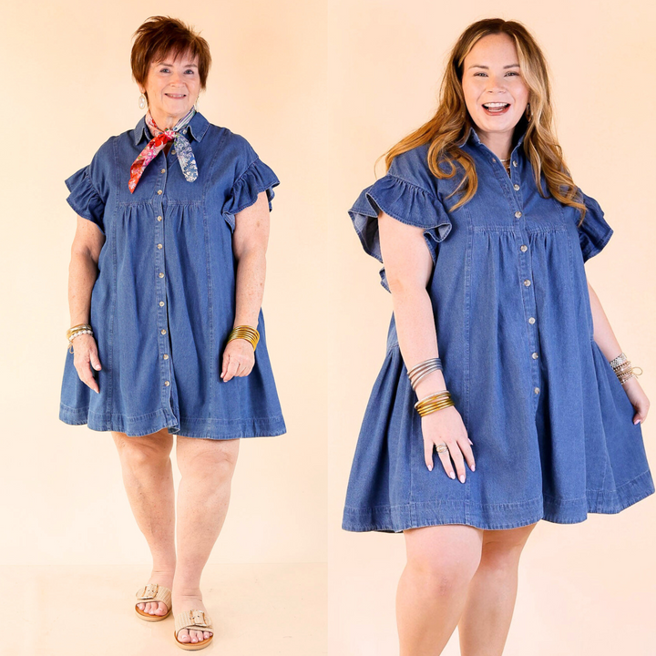 Denim Darling A-Line Button-Up Dress With Ruffle Sleeves and Collar in Classic Blue